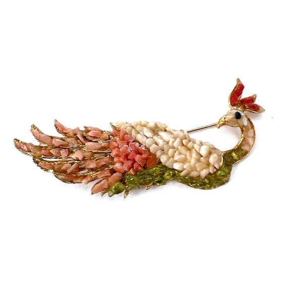 Vintage Estate Find Unique Gold Tone Metal & Stone Peacock Bird Brooch Pin - Picture 1 of 5